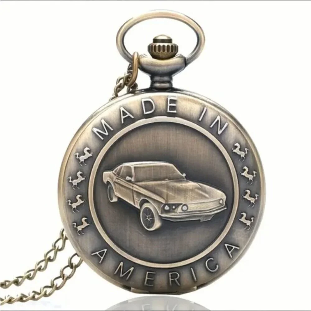 Pocket Chain Watch Mustang Car Flip Open Bronze Tone Quartz Second Hand